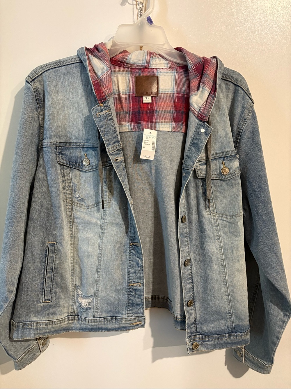 Light Wash Denim Jacket with Red Plaid Hood